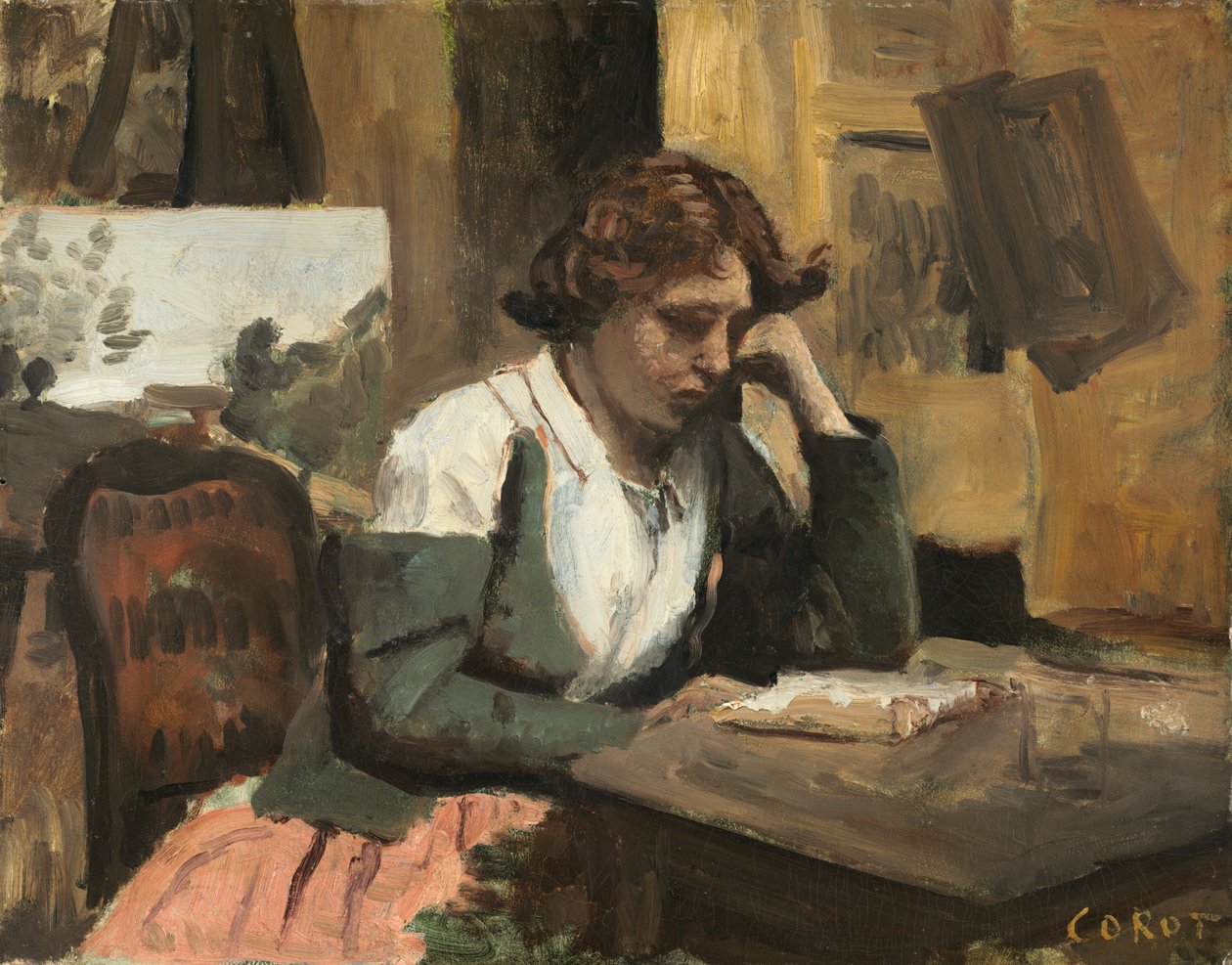 Žena čtení ve studiu od Jean Baptiste Camille Corot
