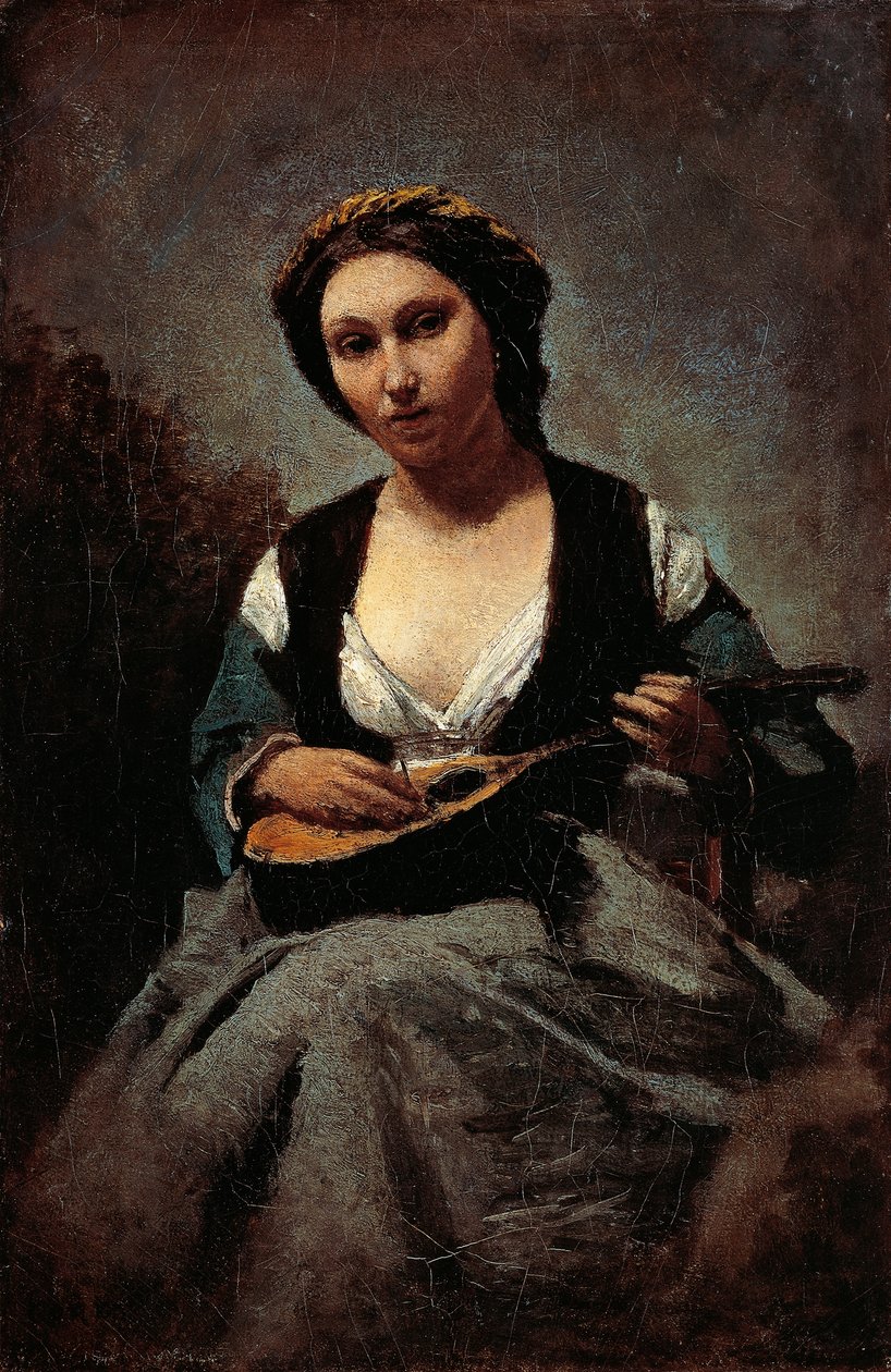Žena s mandolínou, Jean-Baptiste-Camille Corot (1796-1875). od Jean Baptiste Camille Corot