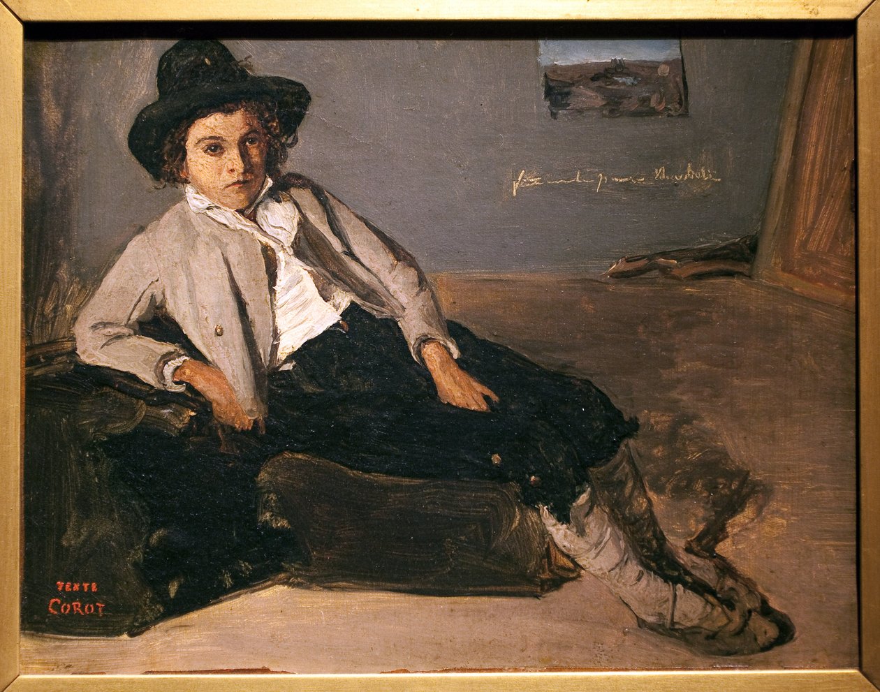 Mladý Ital sedí. Obraz Jean Baptiste Camille Corot (1796-1875), olej na papíře maruflee na plátně, cca 1825-1827. Musee des Beaux Arts de Reims. od Jean Baptiste Camille Corot