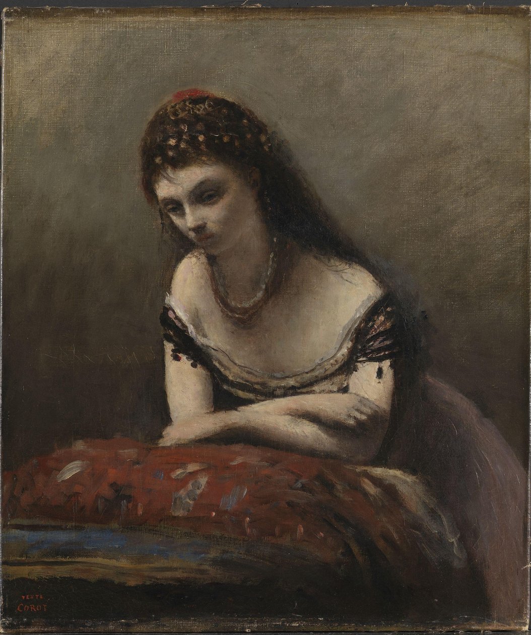 Mladá žena opírající se o polštář, kolem 1870-72 (olej na plátně) od Jean Baptiste Camille Corot