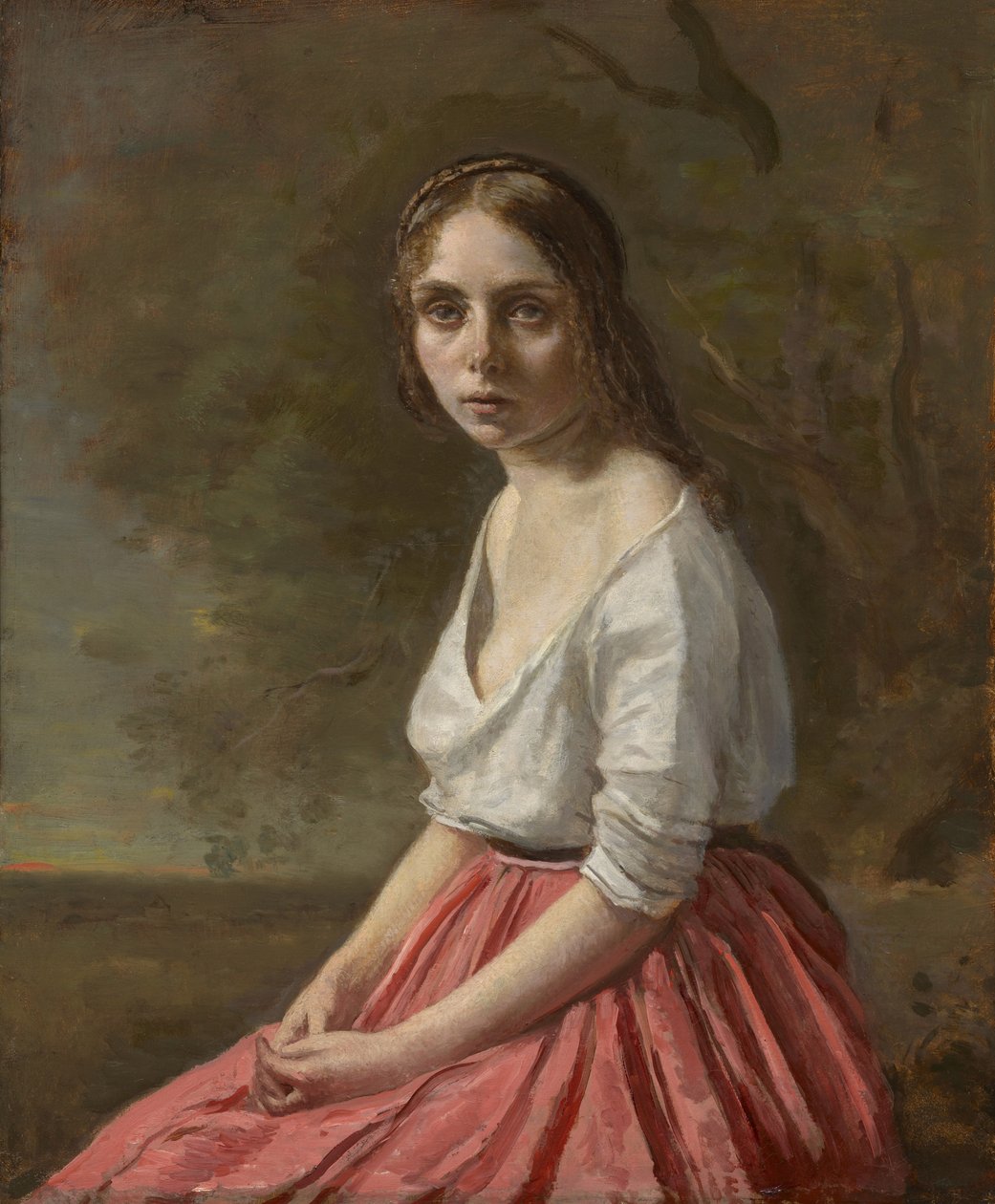 Mladá žena v růžové sukni, c.1845-50 od Jean Baptiste Camille Corot