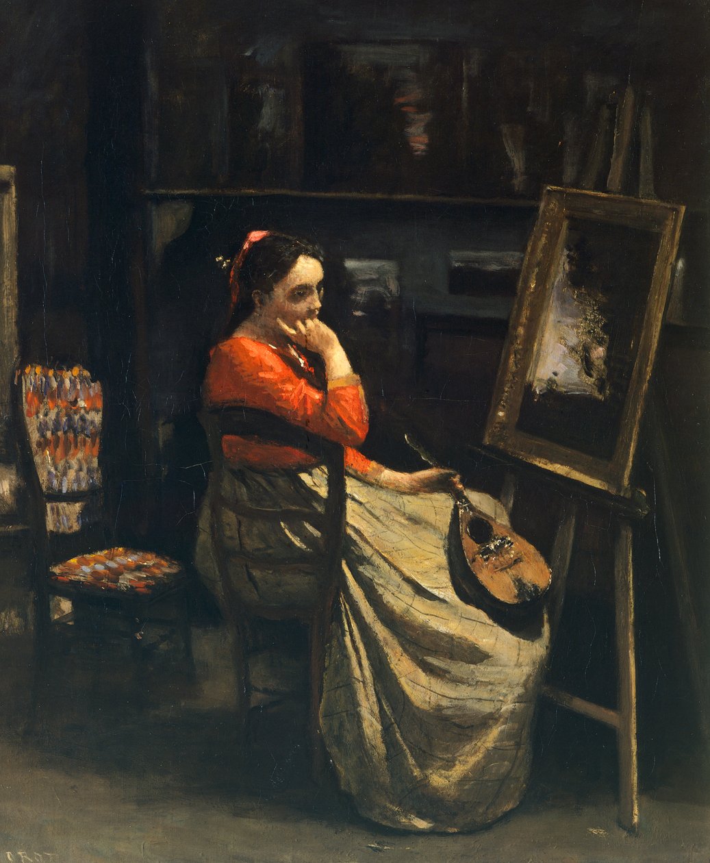 Mladá žena s mandolínou (Atelier la mandoline) Jean-Baptiste Camille Corot (1796-1875) od Jean Baptiste Camille Corot