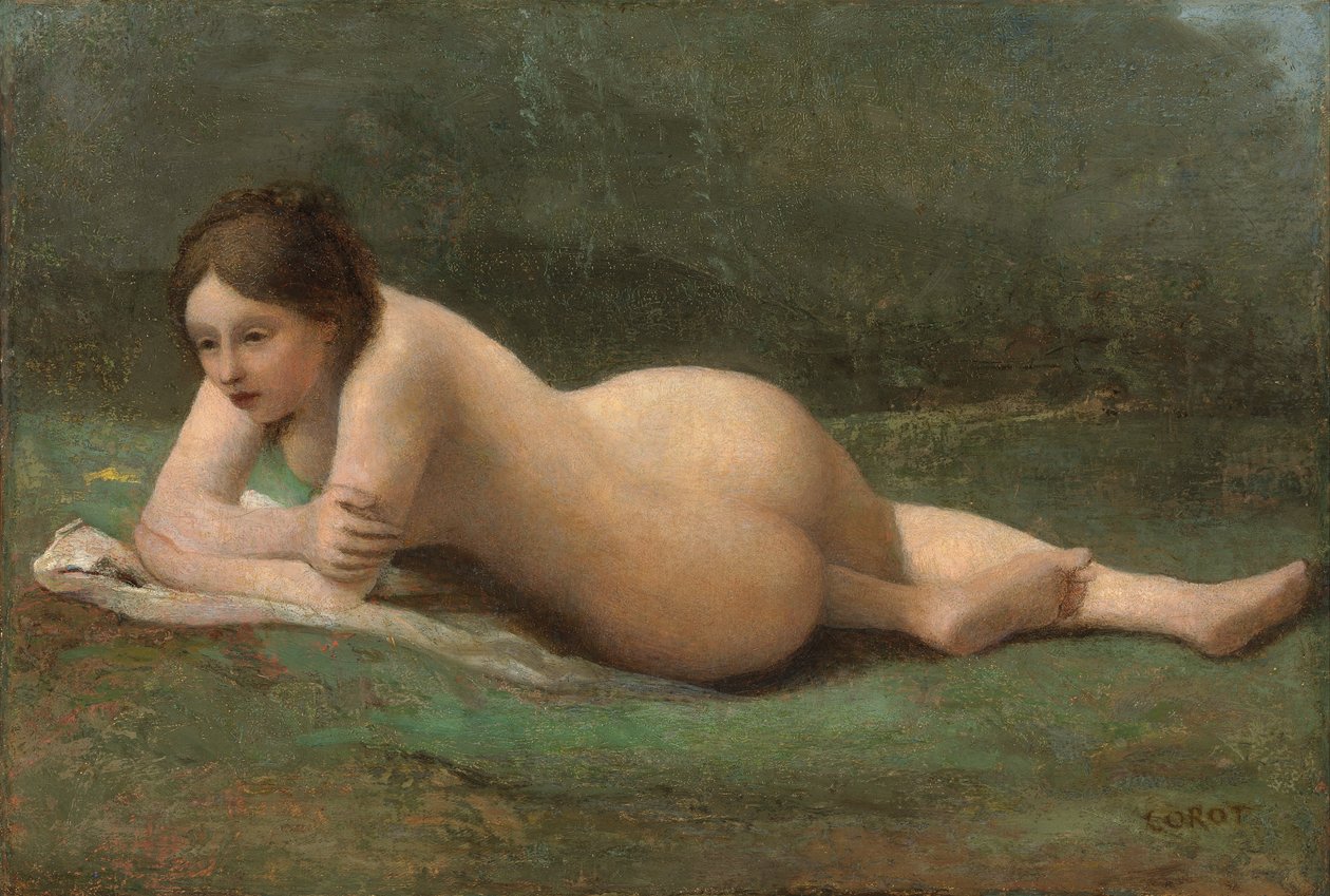 Mladá žena ležící na trávě, c.1850-60 od Jean Baptiste Camille Corot