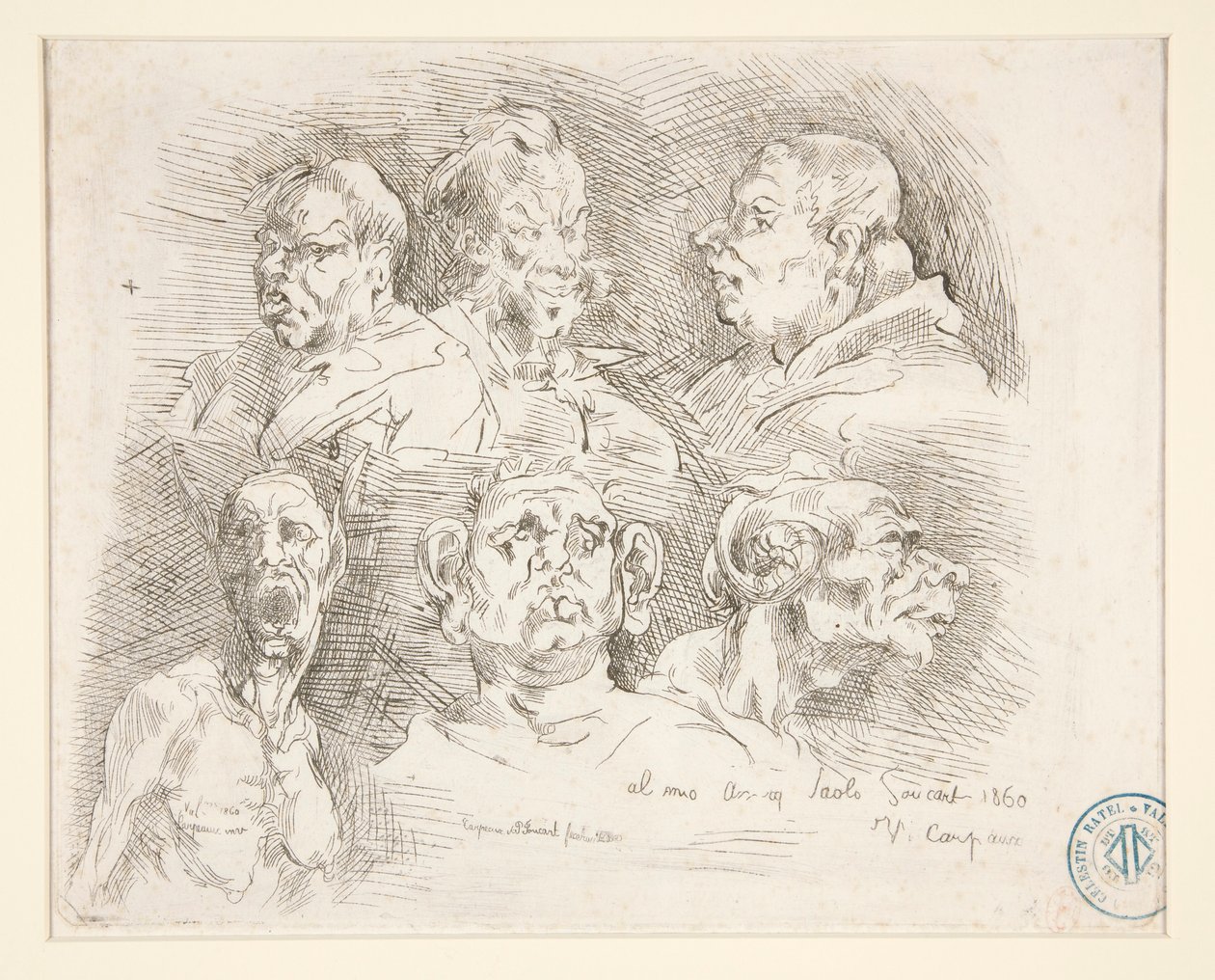 Náčrtky groteskních hlav od Jean Baptiste Carpeaux