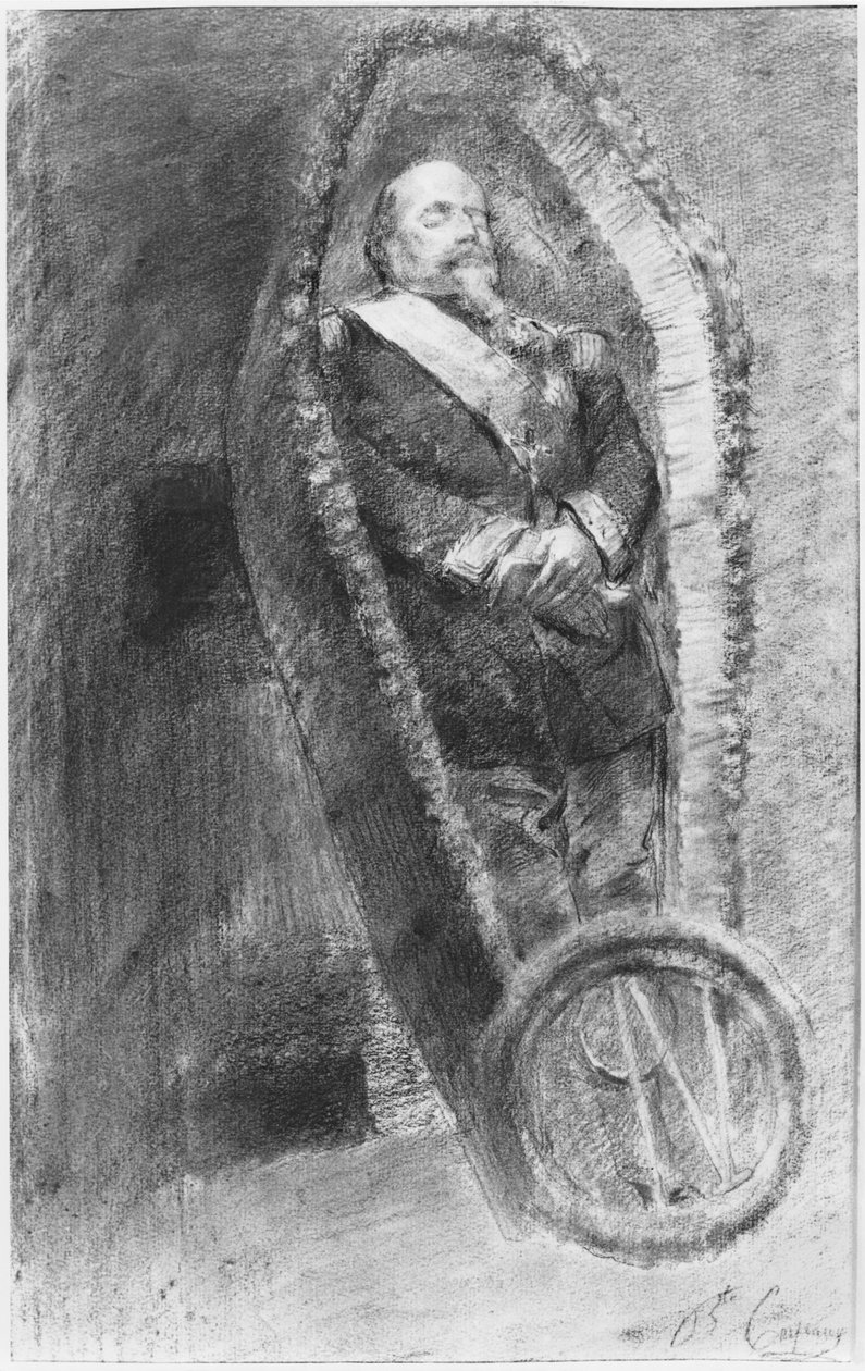 Císař Napoleon III. v rakvi během pohřební mše, která se konala 13. ledna 1873 v kostele v Chislehurstu v Anglii (uhel a bílá křída). od Jean Baptiste Carpeaux