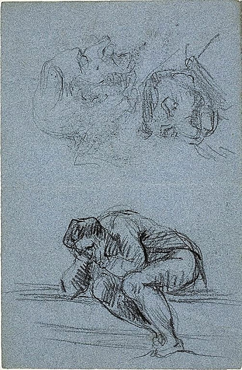 Sedící postava s hlavou v rukou a dvě karikatury (recto); čtyři postavy v lunetě (verso) od Jean Baptiste Carpeaux