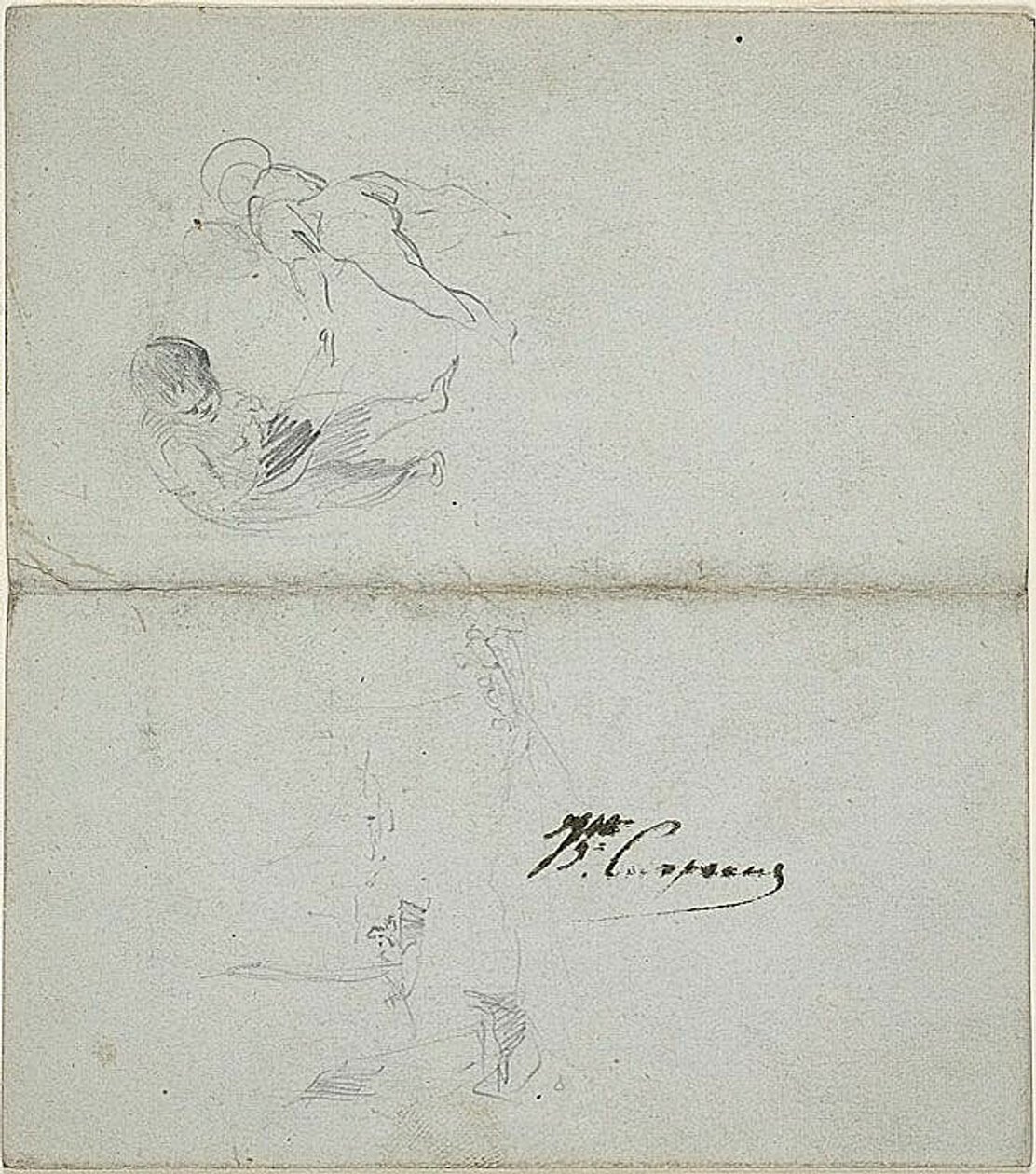 Skici dvou dětí, lodě na moři (recto); skici kráčející mužské postavy držící hůl a pobřežní scény (verso) od Jean Baptiste Carpeaux