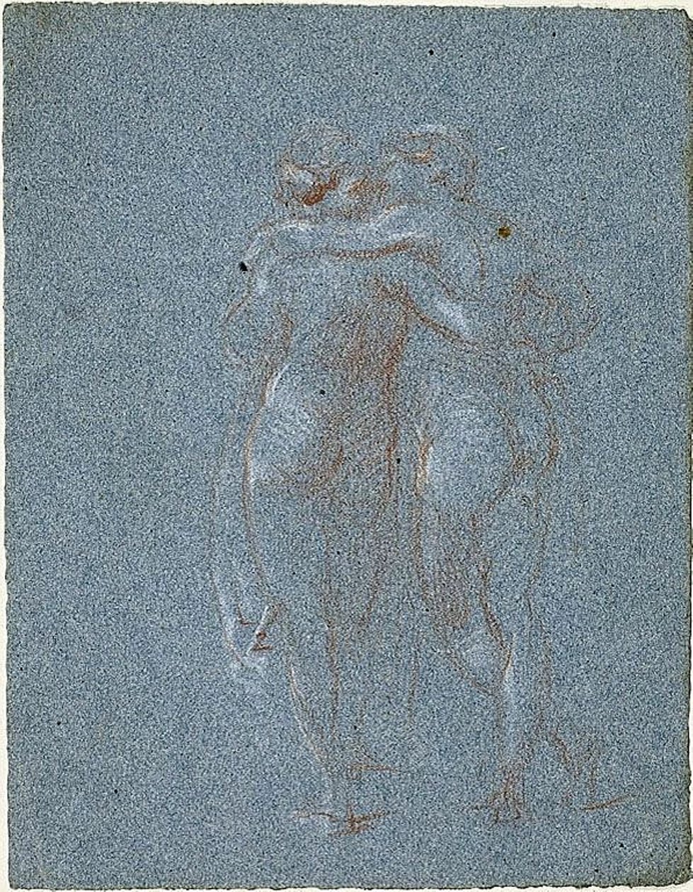 Dvě stojící postavy, objímající se (recto); Muž s kosou a náčrtky budov (verze) od Jean Baptiste Carpeaux