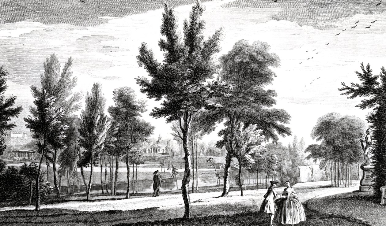 Pohled na Elysian Fields z Spring of Helicon, Stowe House Gardens, vyryl George Bickham, 1753 od Jean Baptiste Claude Chatelain