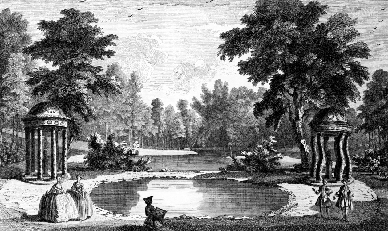 Pohled na jeskyni a dva chrámy mušlí, Stowe House Gardens, vyryl George Bickham, 1753 od Jean Baptiste Claude Chatelain
