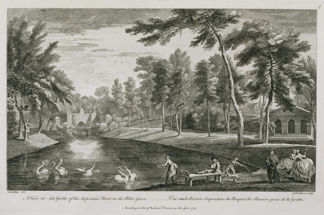 Pohled do jeskyně Serpentine River v Alder Grove ve Stowe, 1753, vyryl George Bickham od Jean Baptiste Claude Chatelain