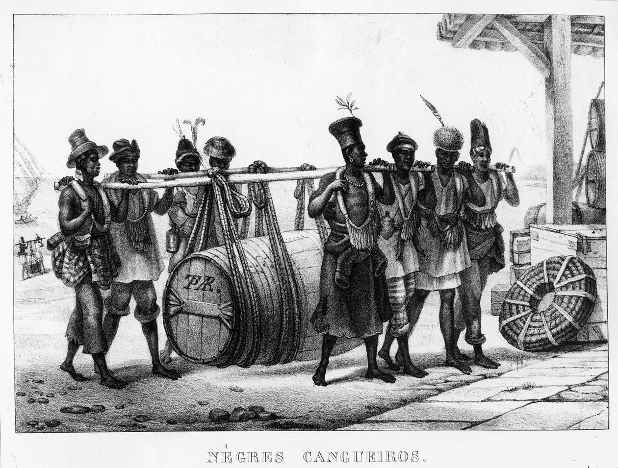 "Black Cangueiros" - Mustat portterit kantavat tynnyriä, kaiverrus Thierry Freres (fl.1827-45), 1835 od Jean Baptiste Debret