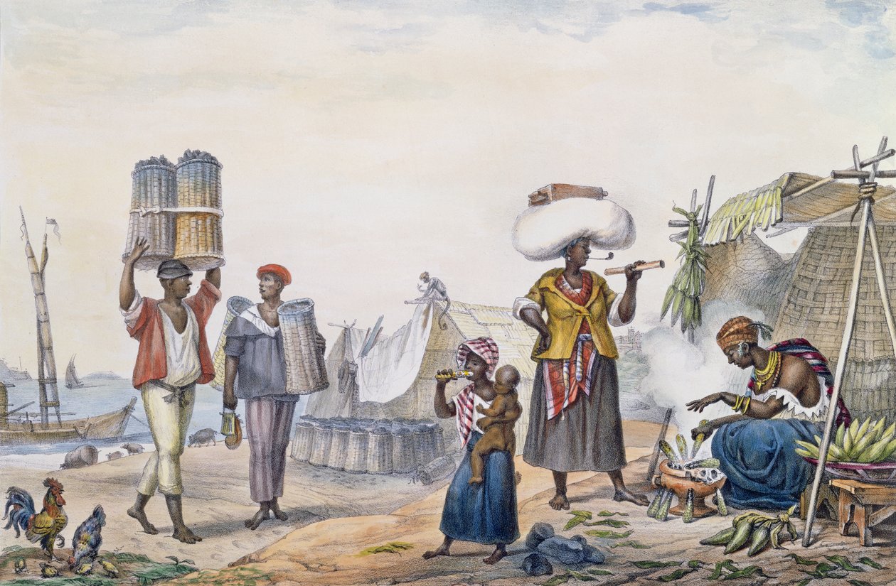 Černoši prodávají uhlí a kukuřici, z „Voyage Pittoresque et historique au Bresil“, vyryl Thierry Freres, 1839 od Jean Baptiste Debret