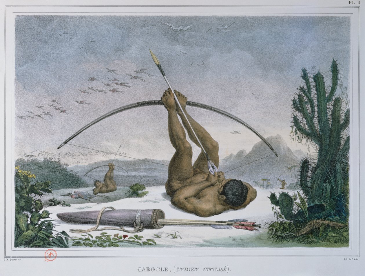 Cabocle indické lovecké ptáky s lukem a šípy, z Voyage Pittoresque et Historique au Bresil, vydané v roce 1839 od Jean Baptiste Debret