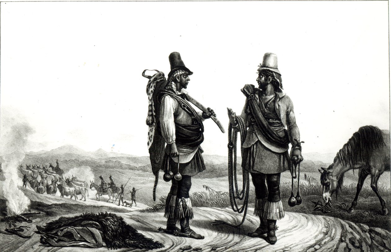Indiáni Charrua z „Voyage Pittoresque et Historique au Bresil“, vyryto C. Mottem od Jean Baptiste Debret