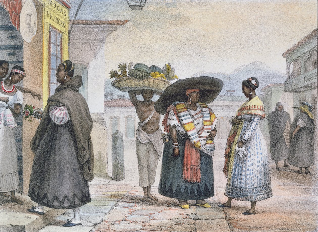 Free Negresses vydělávající si na živobytí svou prací, z „Voyage Pittoresque et Historique au Bresil“, 1839 (barevná rytina) od Jean Baptiste Debret