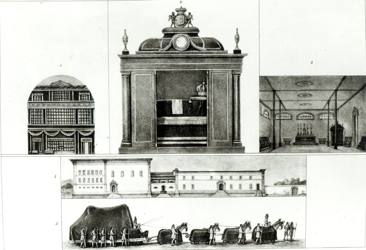 Pohřební průvod a pomník císaře Leopolda, z knihy "Voyage Pittoresque et Historique au Bresil", od Jean Baptiste Debret