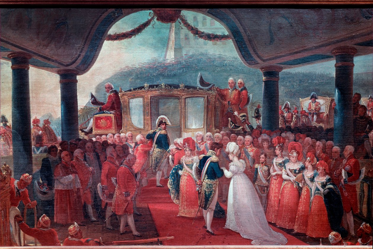 Příjezd Marie Leopoldiny z Habsburska-Lotrinska (Habsburského Lotrinska) nebo Rakouska (1797-1826) do Ria de Janeira v roce 1817, aby se provdala za brazilského císaře Petra I. Oba snoubenci jsou zastoupeni v doprovodu portugalského krále Joaa VI. (známý J od Jean Baptiste Debret