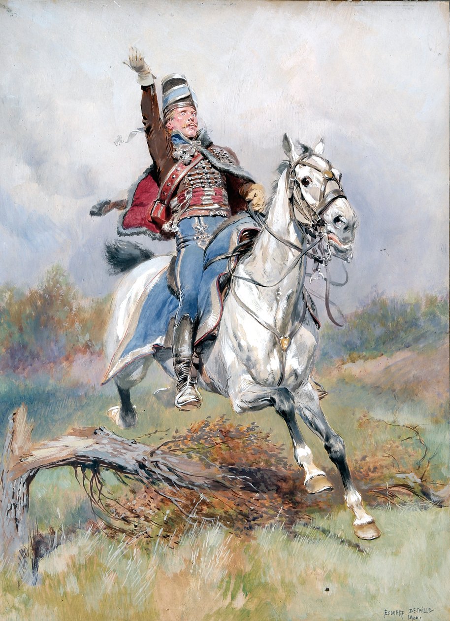 Francouzský kavalerista na koni, 1900 (kvaš a čb na papíře) od Jean Baptiste Edouard Detaille