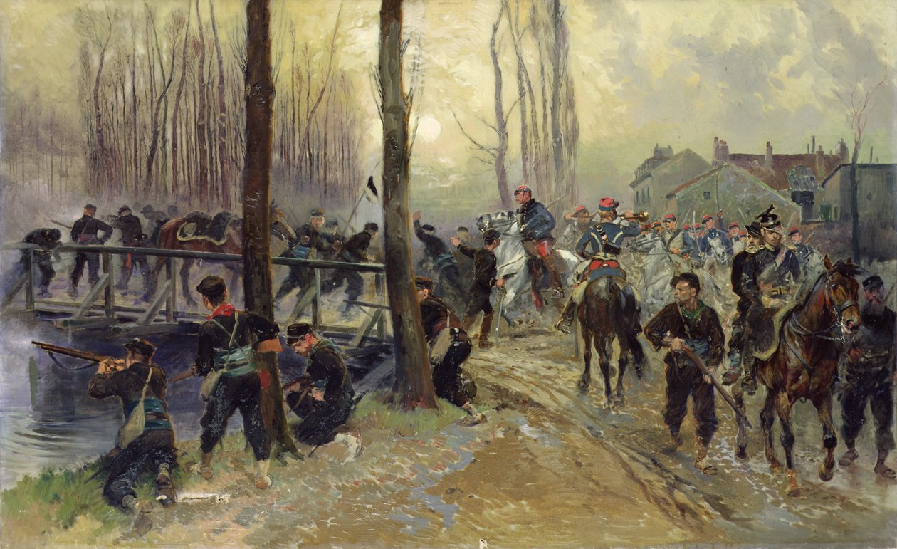 Přepadení poblíž mostu bráněného vojsky, časné ráno, 1870 od Jean Baptiste Edouard Detaille