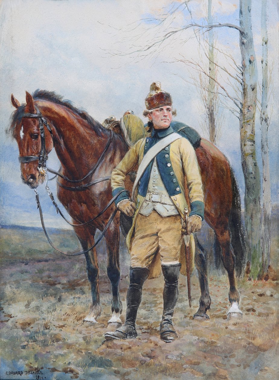 Dragoun Flanderské legie v letech 1763-1766, 1901 (čb a kvaš na papíře) od Jean Baptiste Edouard Detaille