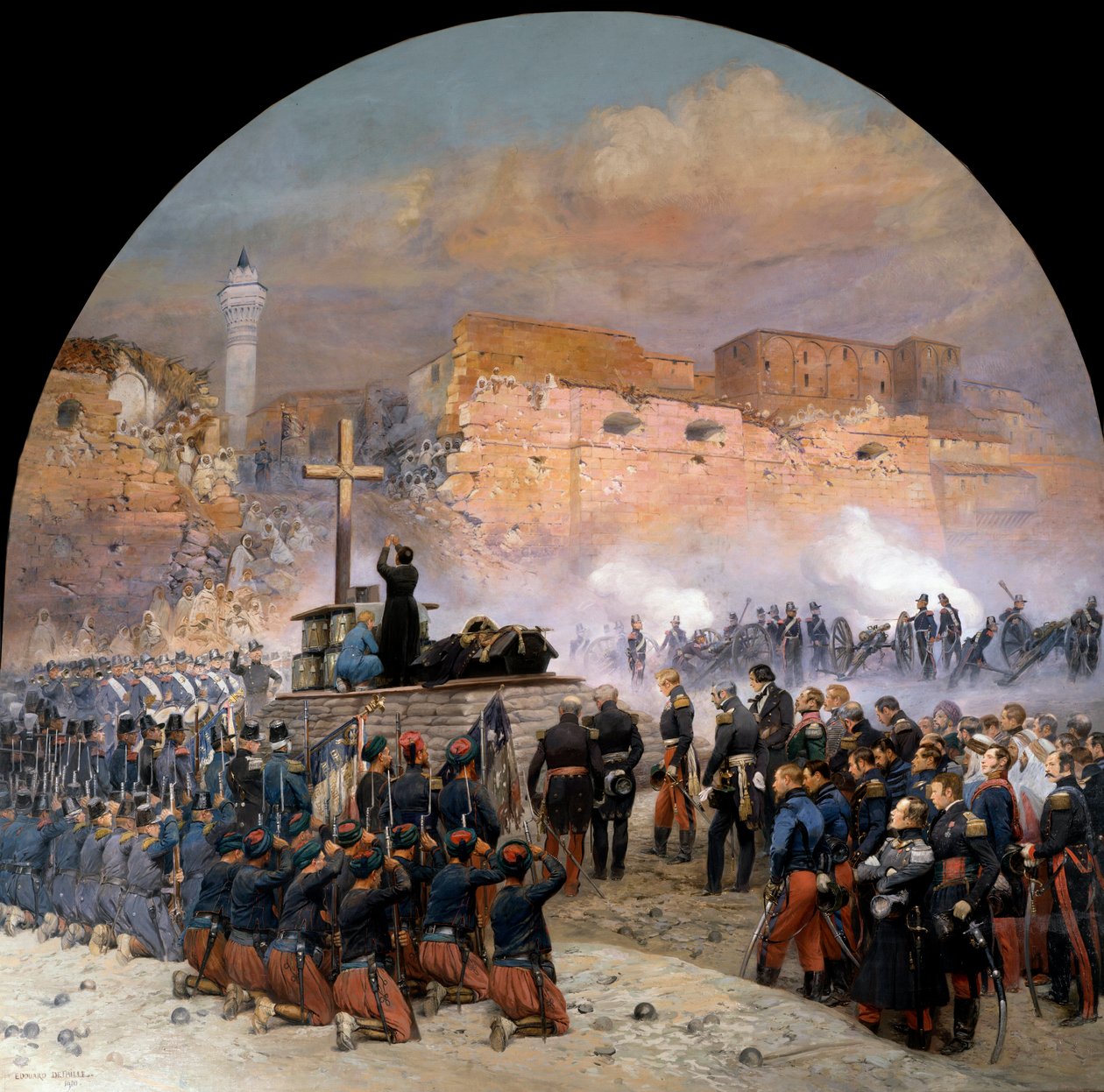 Konstantinova výprava při dobývání Alžírska (1830-1847): „“ Pohřební obřad (pohřeb) generála Denise de Damremonta (1783-1837) slavený 18. 10. 1837 před břehem Constantine v Alžírsku den po přepadení““ Obraz Edou od Jean Baptiste Edouard Detaille