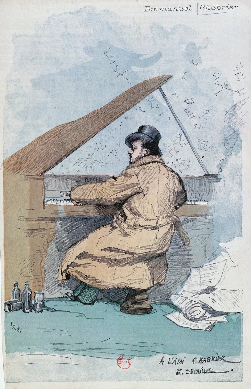 Francie, Paříž, kolorovaná rytina francouzského skladatele Emmanuela Chabriera od Jean Baptiste Edouard Detaille