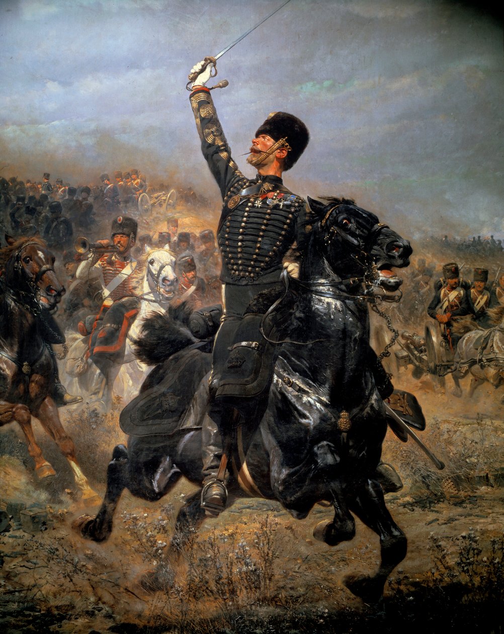 V baterii, kavalerie útok (1870). Obraz Edouard Detaille (1848-1912) od Jean Baptiste Edouard Detaille