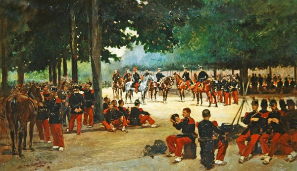 Pěší pluk odpočívající na Bois de Boulogne během revize, c.1885 od Jean Baptiste Edouard Detaille