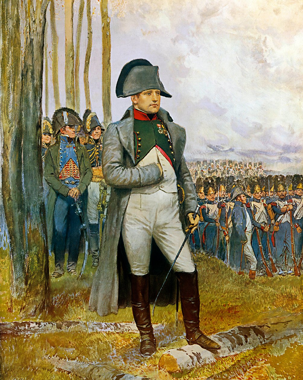 Napoleon I. a jeho zaměstnanci při pohledu na granátová jablka Imperiální gardy - Malování akvarelem a kvašem na karton od Edouarda Detaillea (1848-1912) 1911 Sun. 0,73x0,54 m - Paříž, Musee de l