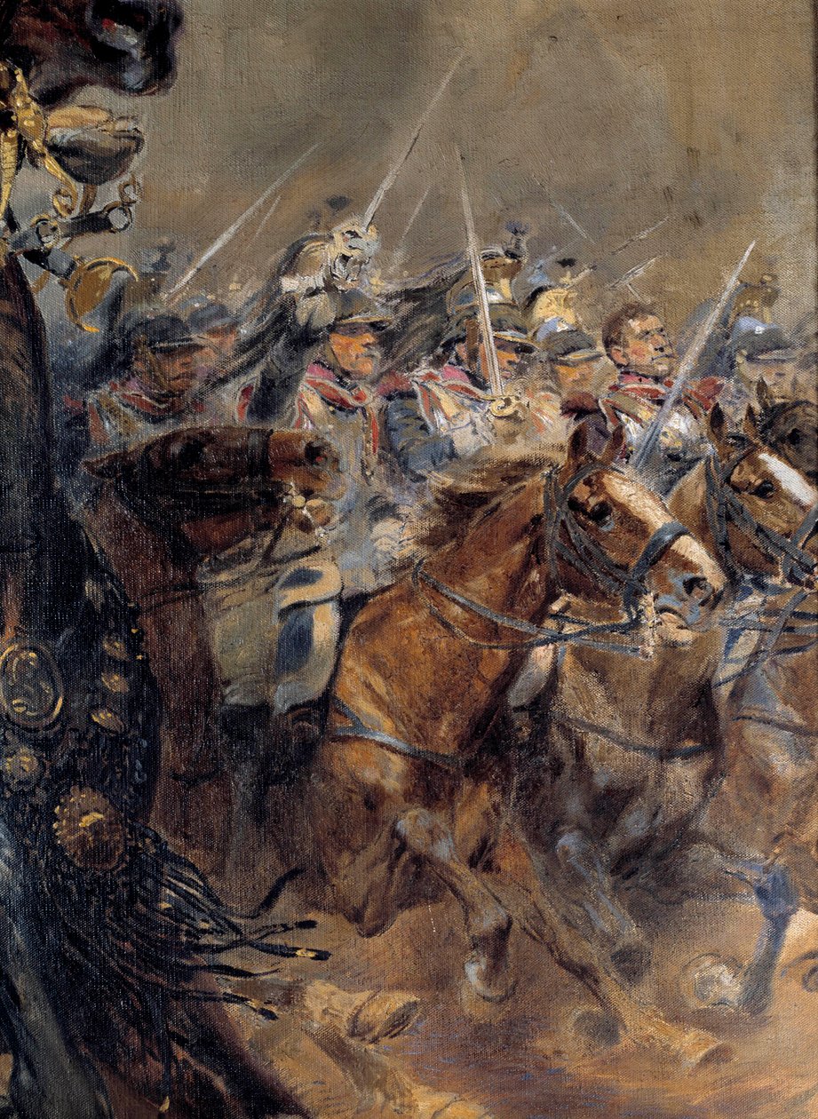 Napoleonská válka: „“ Poslední obvinění generála Antoina Charlese Comte de Lasalle (1775-1809), zabitého ve Wagramu 6. července od Jean Baptiste Edouard Detaille