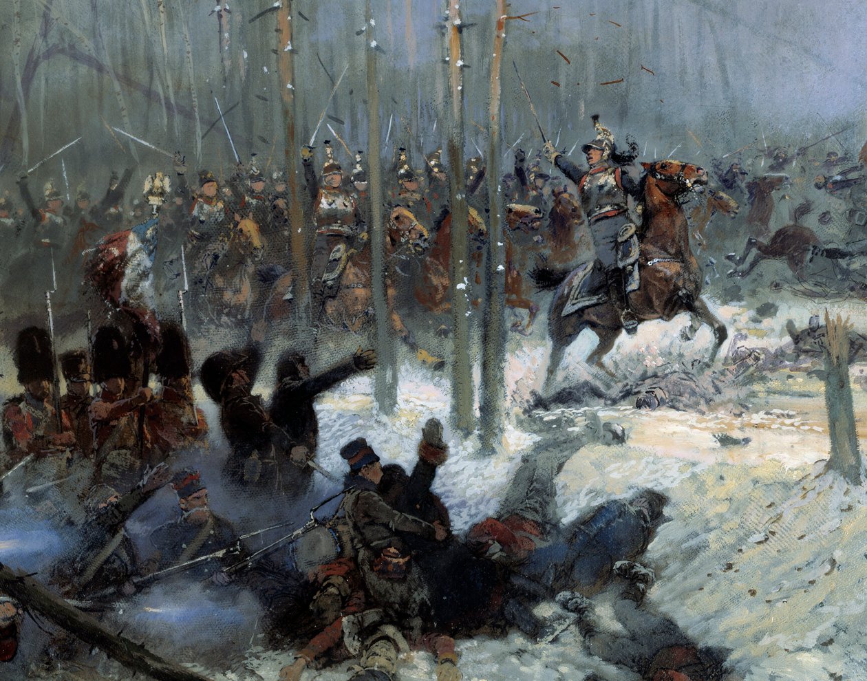 Ruské tažení v roce 1812: “” Náboj 7. bitevní lodi plukovníka Duboise u la Berezina (Beresina) dne 28. 11. 1812 v Rusku”” Detail. Obraz Jean-Baptiste-Edouarda (Jean Baptiste Edouard) Detaille (1848-1912) 19. stol. Paříž, Musee de l