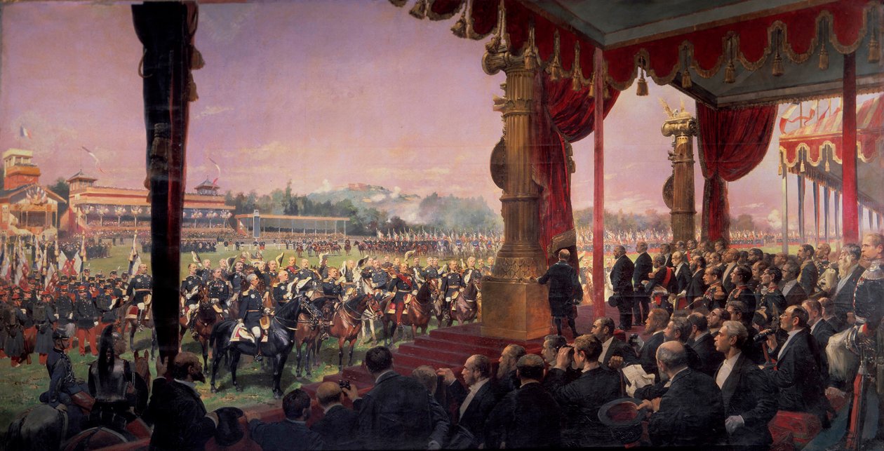Rozdávání vlajek v Longchamp prezidentem Julesem Grevym za přítomnosti Leona Gambetty dne 14. července 1880. Generálové zdraví hlavu státu, skupiny kolem Marechala Canroberta. Obraz Edouard Detaille (1848-1912) od Jean Baptiste Edouard Detaille
