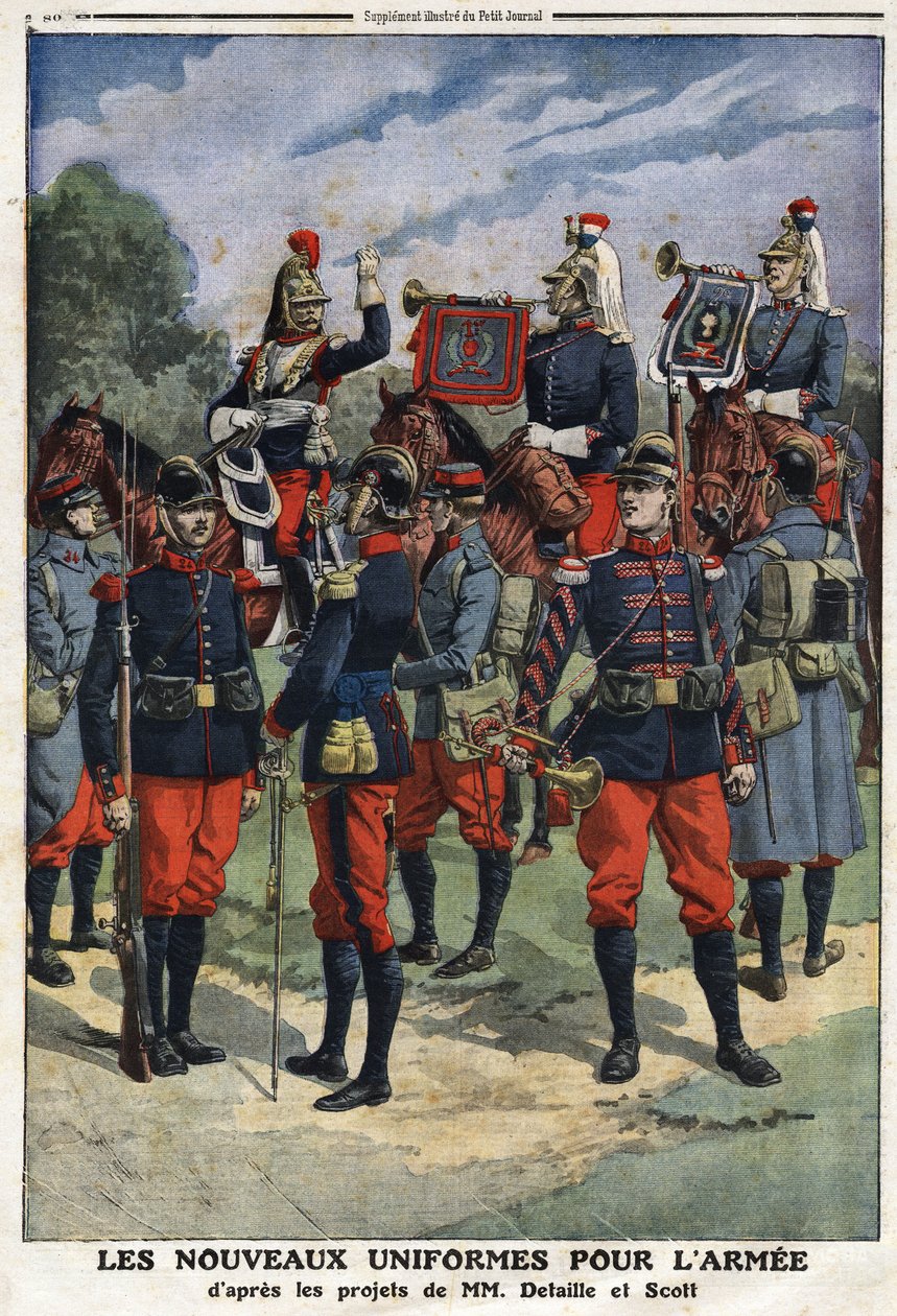 Nové uniformy pro francouzskou armádu podle projektů malířů Edouarda Detaillea (1848-1912) a Georgese Bertina Scotta (1873-1942) zvaného Scott de Plagnolles. Rytina v „“ Le Petité Journal“ dne 10.03.1912. Soukromá sbírka. od Jean Baptiste Edouard Detaille