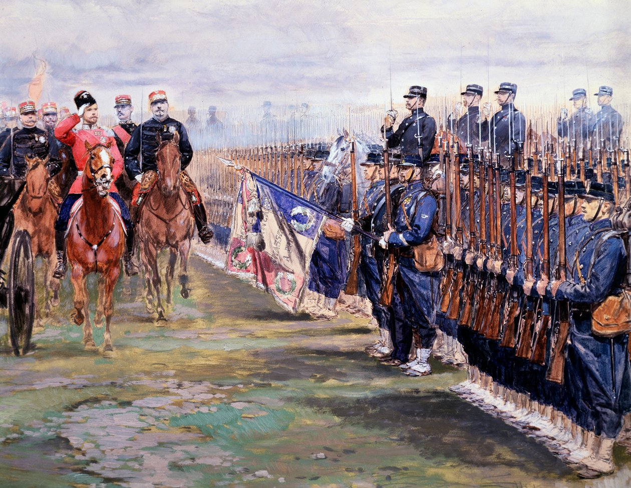 Car Nicolas hodnotí vojáky s Felixem faure v Chalon-sur-Marne během své návštěvy ve Francii, 9. října od Jean Baptiste Edouard Detaille