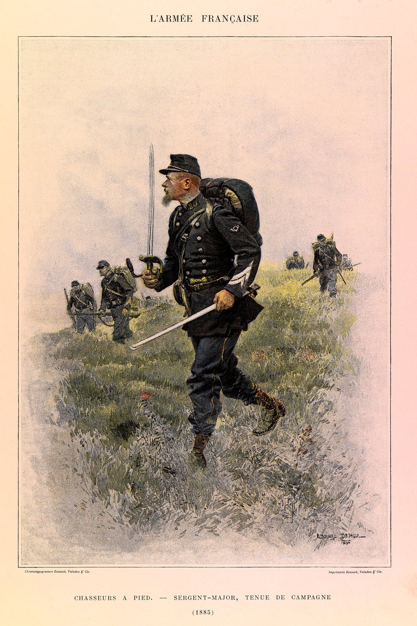 Typy a uniformy francouzské armády kapitána Julese Richarda, ilustrované Edouardem Detaillem (1848-1912): Foot Hunters: Sergeant Major in Field Dress in 1885, Private Collection od Jean Baptiste Edouard Detaille