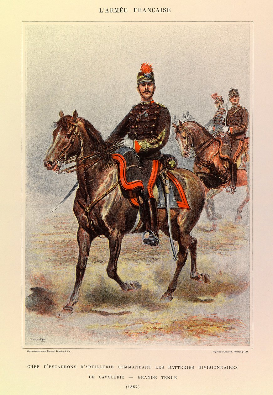 Typy a uniformy francouzské armády kapitána Julese Richarda, ilustroval Edouard Detaille (1848-1912): náčelník dělostřelecké eskadry velící divizním jezdeckým bateriím ve velkých šatech v roce 1887, soukromá sbírka od Jean Baptiste Edouard Detaille