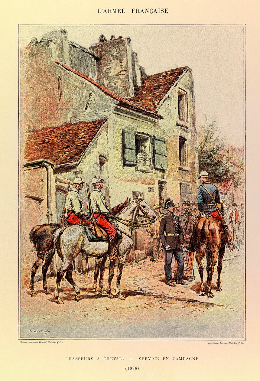 Druhy a uniformy francouzské Armee kapitána Jules Richard, ilustrovaný Edouard Detaille (1848-1912): Lovci koňského hřbetu; Polní služba v roce 1886, soukromá sbírka od Jean Baptiste Edouard Detaille