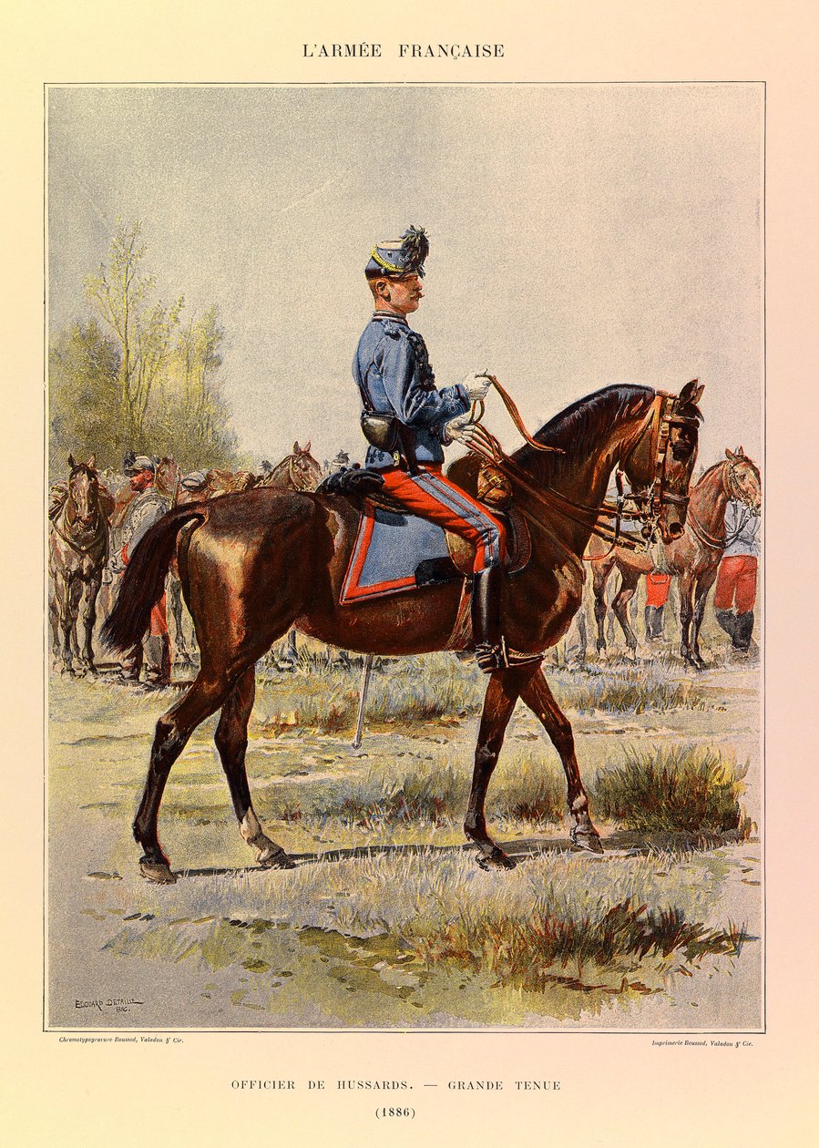 Typy a uniformy francouzské armády kapitána Julese Richarda, ilustrované Edouardem Detaillem (1848-1912): Důstojník husardů ve velkém kroji v roce 1886, soukromá sbírka od Jean Baptiste Edouard Detaille