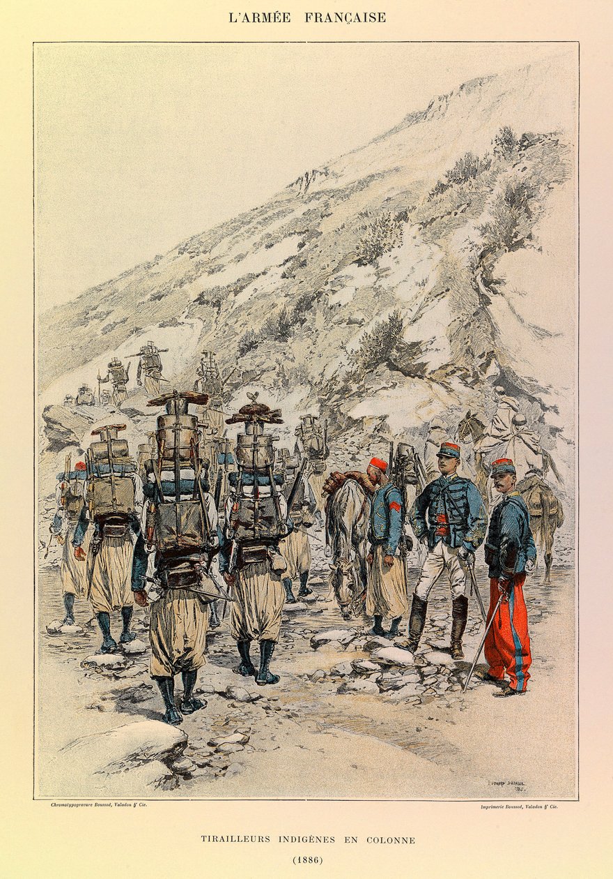 Typy a uniformy francouzské armády kapitána Julese Richarda, ilustrované Edouardem Detaillem (1848-1912): Indigenes Tirailleurs in Column v roce 1886, soukromá sbírka od Jean Baptiste Edouard Detaille
