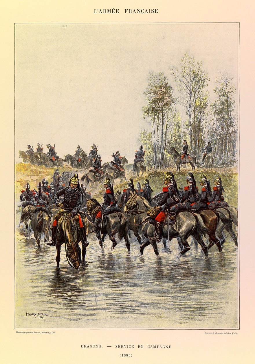 Typy a uniformy francouzské armády kapitána Julese Richarda, ilustrované Edouardem Detaillem (1848-1912): Draci; Polní služba v roce 1885, soukromá sbírka od Jean Baptiste Edouard Detaille