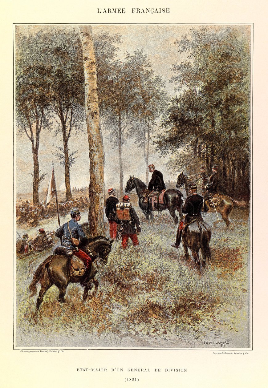 Typy a uniformy francouzské armády kapitána Julese Richarda, ilustrované Edouardem Detaillem (1848-1912): štáb divizního generála v roce 1884, soukromá sbírka od Jean Baptiste Edouard Detaille