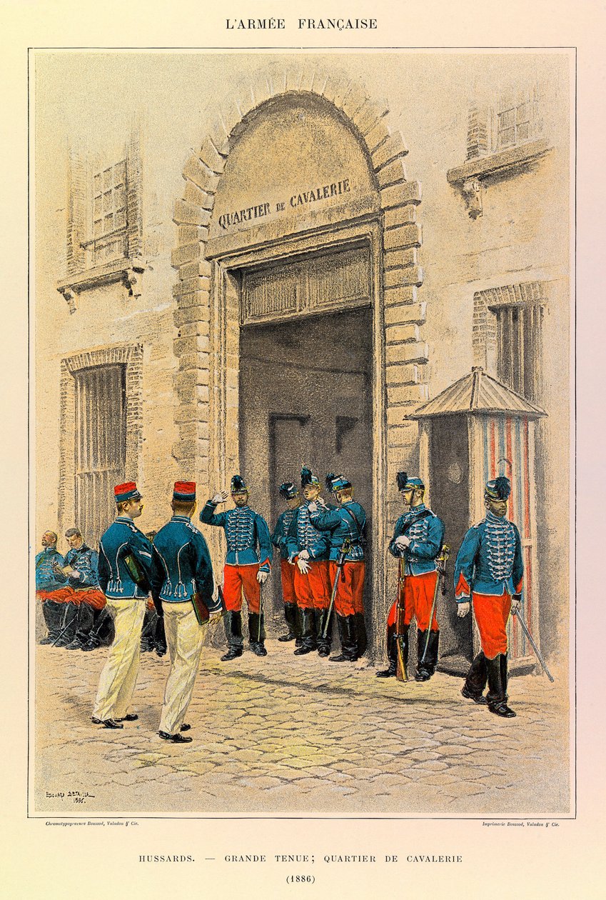 Typy a uniformy francouzské armády kapitána Julese Richarda, ilustrované Edouardem Detaillem (1848-1912): Hussards in Great Dress; Cavalry District v roce 1886, Soukromá sbírka od Jean Baptiste Edouard Detaille