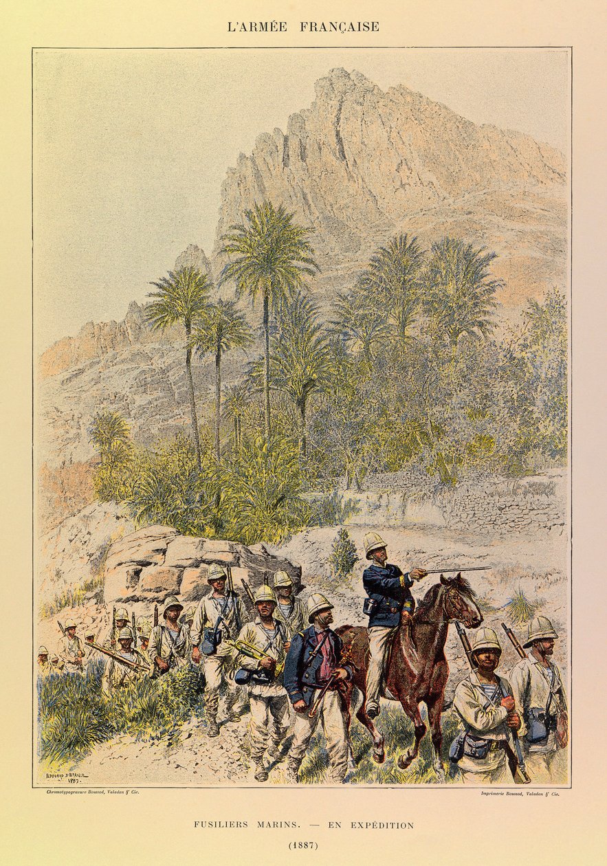 Typy a uniformy francouzské armády kapitána Julese Richarda, ilustrované Edouardem Detaillem (1848-1912): Fusiliers Marins na expedici v roce 1887, soukromá sbírka od Jean Baptiste Edouard Detaille