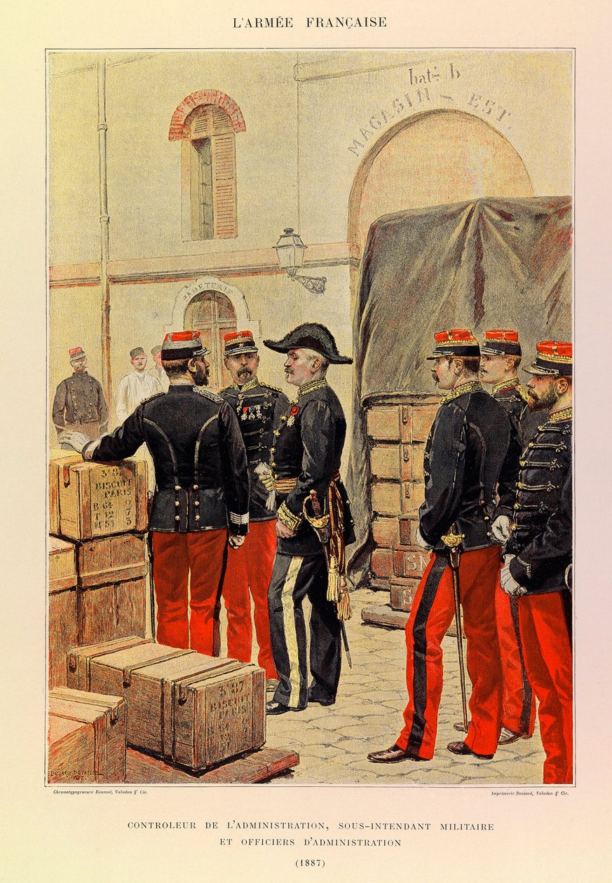 Typy a uniformy francouzské armády kapitána Julese Richarda, ilustrované Edouardem Detaillem (1848-1912): Kontrolor správy, zástupce vojenského inspektora a administrativních úředníků v roce 1887, soukromá sbírka od Jean Baptiste Edouard Detaille