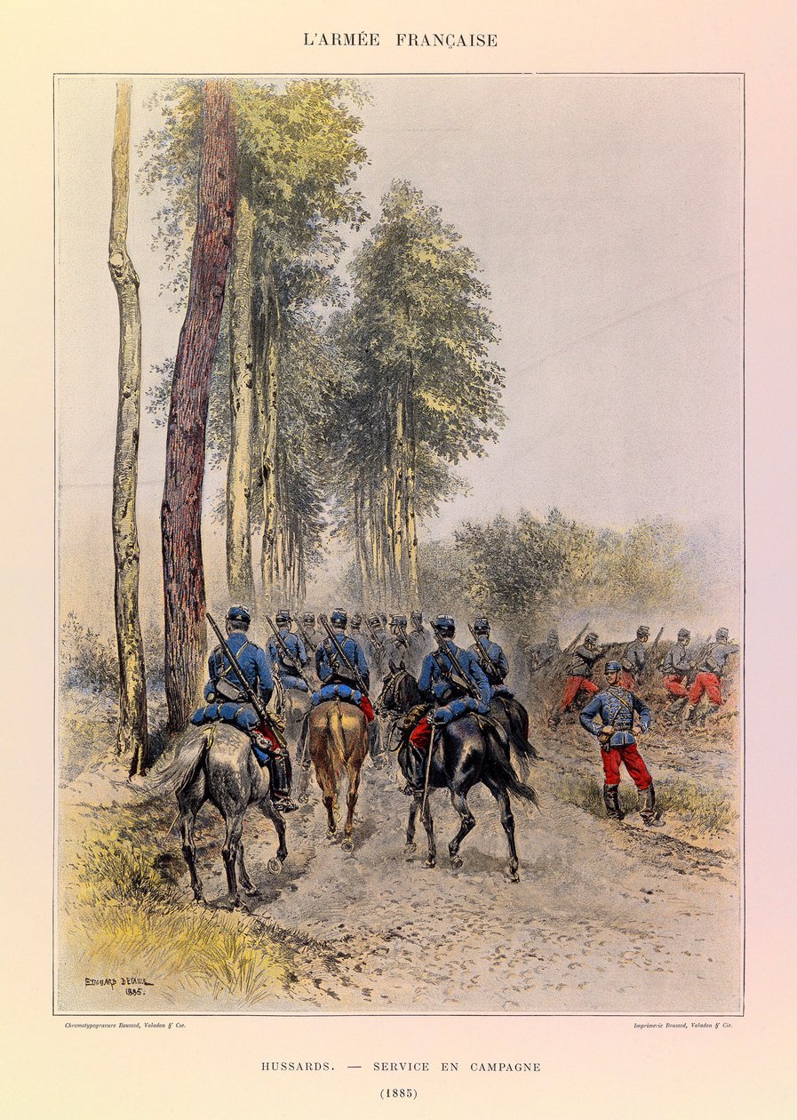 Typy a uniformy francouzské armády kapitána Julese Richarda, ilustrované Edouardem Detaillem (1848-1912): Hussards; Polní služba 1885, soukromá sbírka od Jean Baptiste Edouard Detaille