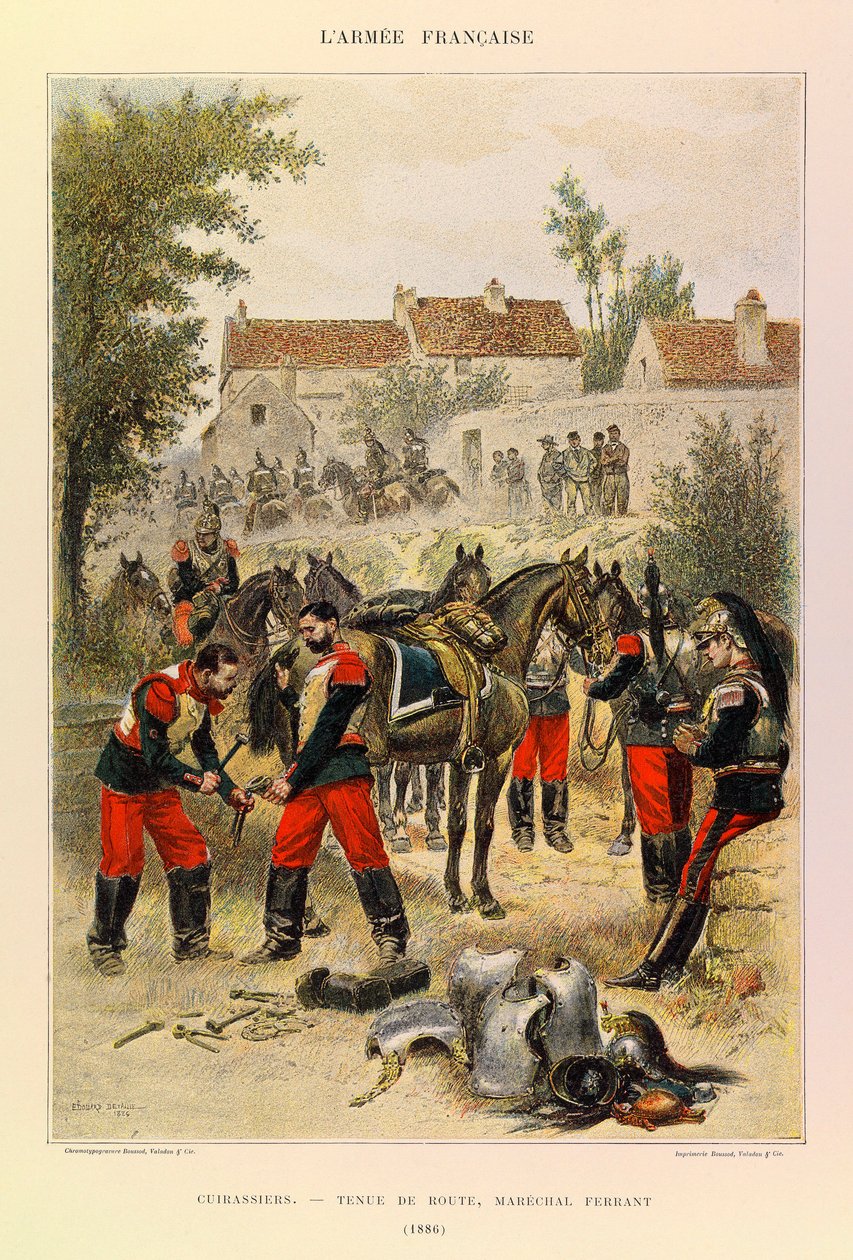 Typy a uniformy francouzské armády kapitána Julese Richarda, ilustrované Edouardem Detaillem (1848-1912): Kyrysníci; Silniční manipulace; Marechal Ferrant v roce 1886, soukromá sbírka od Jean Baptiste Edouard Detaille