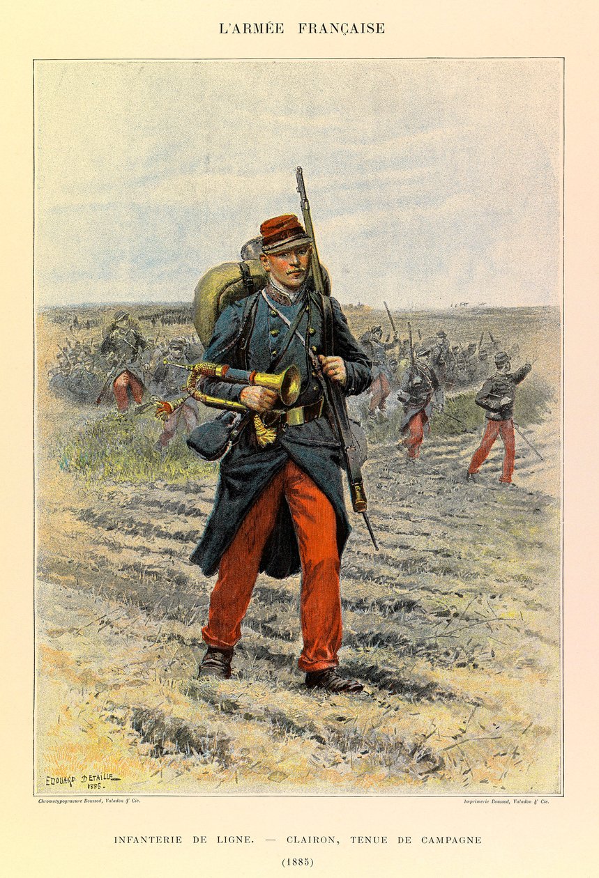 Typy a uniformy francouzské armády kapitána Julese Richarda, ilustrované Edouardem Detaillem (1848-1912): Line Infantry; Clairon v polních šatech z roku 1885, soukromá sbírka od Jean Baptiste Edouard Detaille