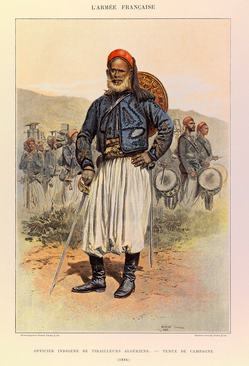 Typy a uniformy francouzské armády kapitána Julese Richarda, ilustrované Edouardem Detaillem (1848-1912): Domorodý důstojník alžírských tuniorů v polních šatech v roce 1886, soukromá sbírka od Jean Baptiste Edouard Detaille