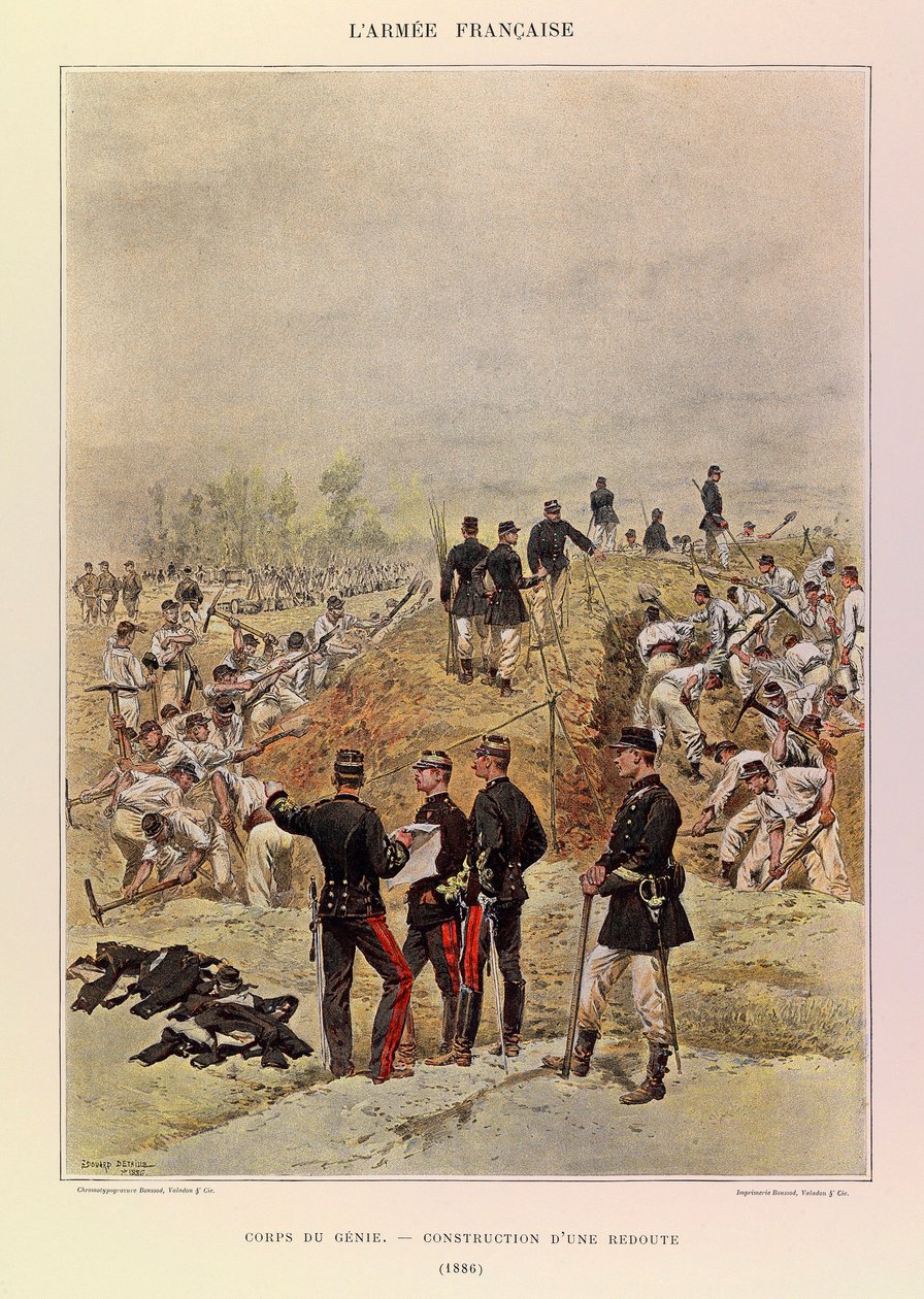 Typy a uniformy francouzské armády kapitána Julese Richarda, ilustrované Edouardem Detaillem (1848-1912): Corps de Genie; Stavba reduty v roce 1886, Soukromá sbírka od Jean Baptiste Edouard Detaille